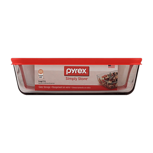Pyrex Borosilicate Glass Baking Rectangular Storage With Red Lid 6 Cup, 1.42 L  Microwave Safe