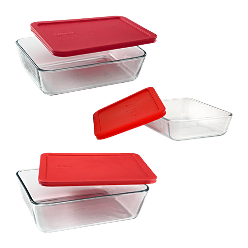 Pyrex Borosilicate Glass Baking Rectangular Storage With Red Lid, 3 pcs Microwave Safe