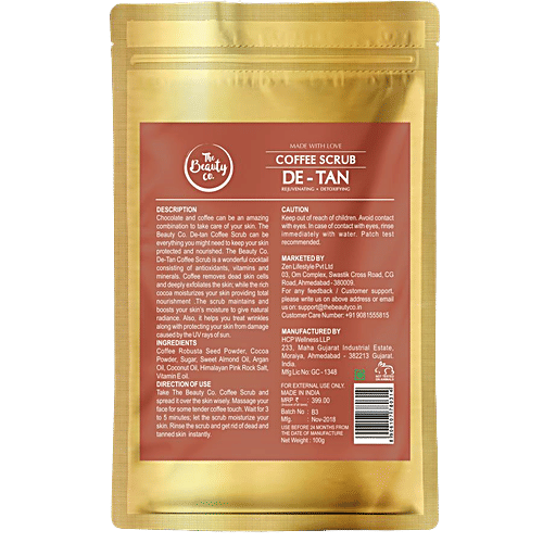 The Beauty Co. De-Tan Coffee Scrub - Argan Oil, Coconut Oil & Vitamin E Oil, Detoxifies Skin Impurities & Dead Cells, Refreshed & Rejuvenated Look, Sulfate Free, Paraben Free, 100 g  Sulfate Free, Paraben Free