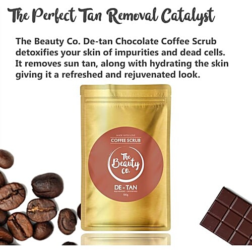 The Beauty Co. De-Tan Coffee Scrub - Argan Oil, Coconut Oil & Vitamin E Oil, Detoxifies Skin Impurities & Dead Cells, Refreshed & Rejuvenated Look, Sulfate Free, Paraben Free, 100 g  Sulfate Free, Paraben Free
