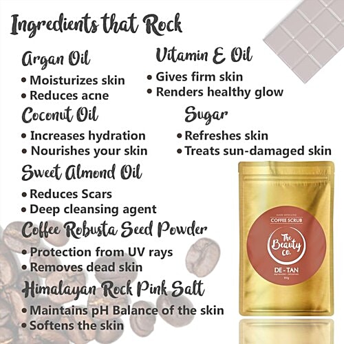 The Beauty Co. De-Tan Coffee Scrub - Argan Oil, Coconut Oil & Vitamin E Oil, Detoxifies Skin Impurities & Dead Cells, Refreshed & Rejuvenated Look, Sulfate Free, Paraben Free, 100 g  Sulfate Free, Paraben Free