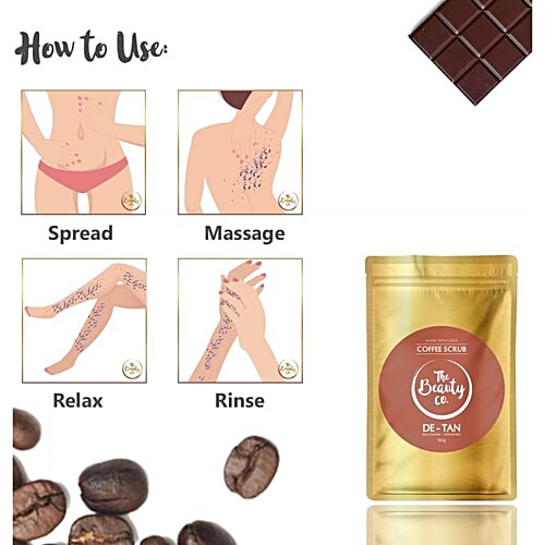 The Beauty Co. De-Tan Coffee Scrub - Argan Oil, Coconut Oil & Vitamin E Oil, Detoxifies Skin Impurities & Dead Cells, Refreshed & Rejuvenated Look, Sulfate Free, Paraben Free, 100 g  Sulfate Free, Paraben Free