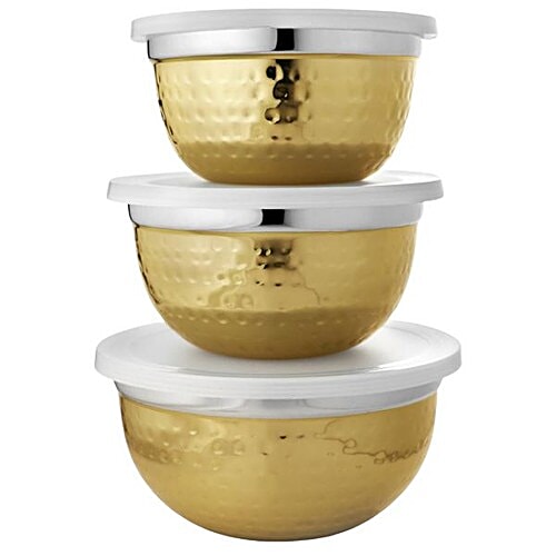 Vinayak Stainless Steel Storage Bowl Set - Gold Lacquer Finish, Durable, Hammered Touch, 3 pcs Microwave Safe