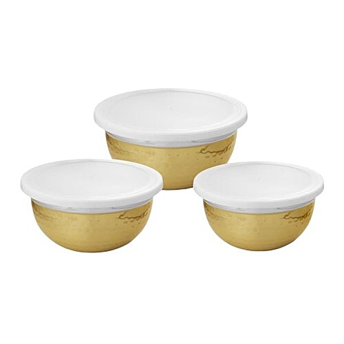 Vinayak Stainless Steel Storage Bowl Set - Gold Lacquer Finish, Durable, Hammered Touch, 3 pcs Microwave Safe