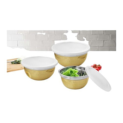 Vinayak Stainless Steel Storage Bowl Set - Gold Lacquer Finish, Durable, Hammered Touch, 3 pcs Microwave Safe