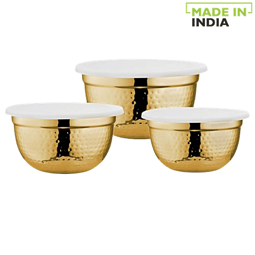 Vinayak Stainless Steel Storage Bowl Set - Gold Lacquer Finish, Durable, Hammered Touch, 3 pcs Microwave Safe