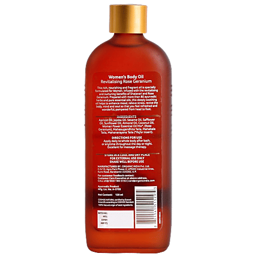 ORGANIC INDIA Women's Body Oil - Revitalising, Rose Geranium, 120 ml  