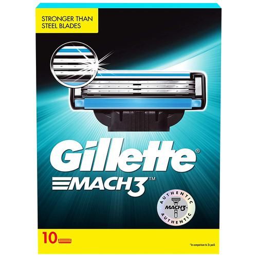 Gillette Mach 3 Bladed Shaving Cartridges/Razor - With Lubrication Strip, Protects Skin, 10 pcs  