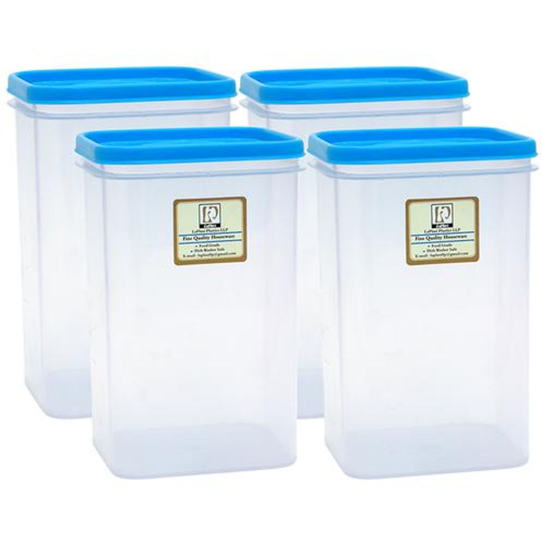 Laplast Storewell Airtight Container - With Blue Lid, Transparent, Plastic, Plain, Rectangular, 1 L (Set of 4)
