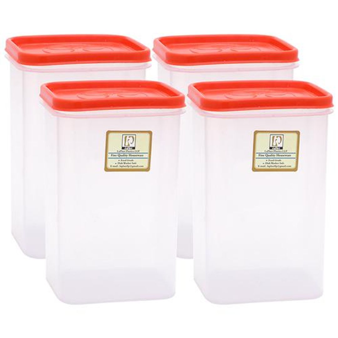 Laplast Storewell Airtight Container with Orange Lid - Transparent, Plastic, Plain, Rectangular, 1 L (Set of 4)