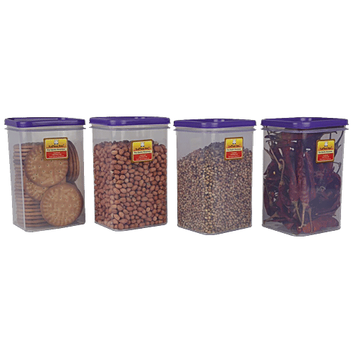 Laplast Storewell Airtight Container with Purple Lid - Transparent, Plastic, Plain, Square, 1 L (Pack of 4) 100% Food Grade