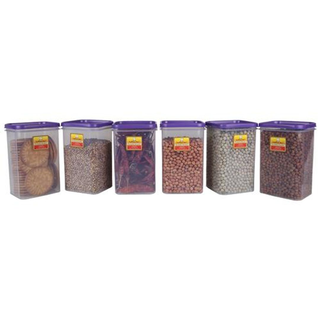 Laplast Storewell Airtight Container with Purple Lid - Transparent, Plastic, Plain, Rectangle & Square, 1 L (Pack of 6)