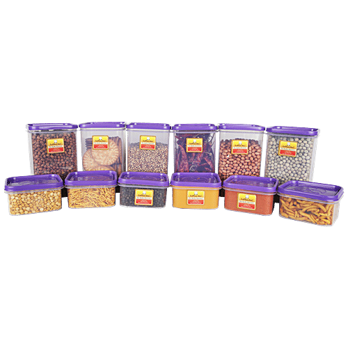 Laplast Storewell Airtight Container with Purple Lid - Transparent, Plastic, Plain, Rectangular, 12 pcs  100% Food Grade