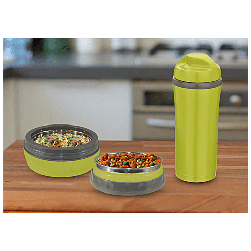 Asian Bite & Sip Flask And Lunch Box/Tiffin Box - Green Colour, 2 pcs  