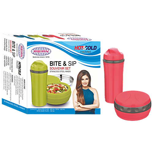 Asian Bite & Sip Flask And Lunch Box - Red Colour, 1 pc  
