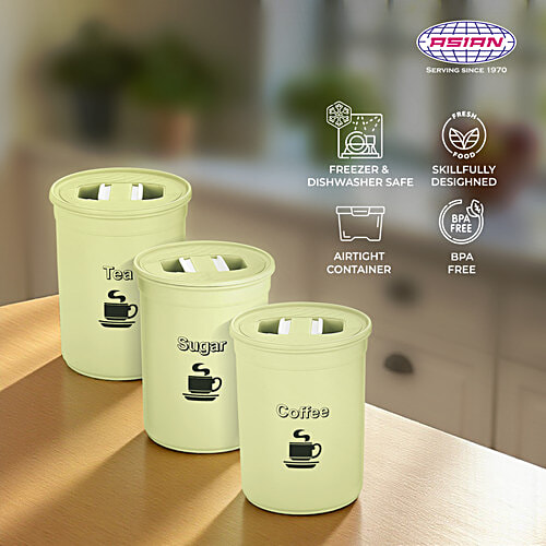 Asian Tea/Coffee/Sugar Storage Container/Dabba/Canister - Plastic, Accurate Seal, Green, 850 ml (Set of 3) Dishwasher Safe