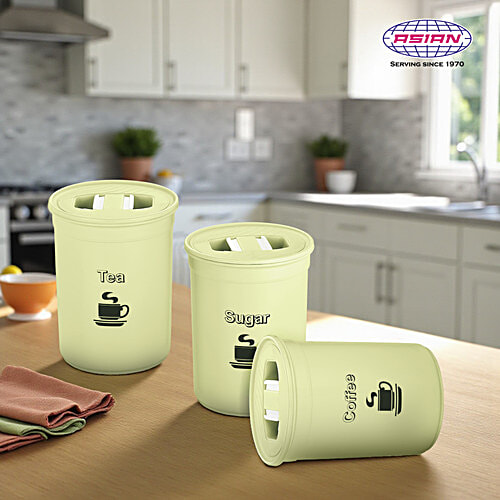 Asian Tea/Coffee/Sugar Storage Container/Dabba/Canister - Plastic, Accurate Seal, Green, 850 ml (Set of 3) Dishwasher Safe