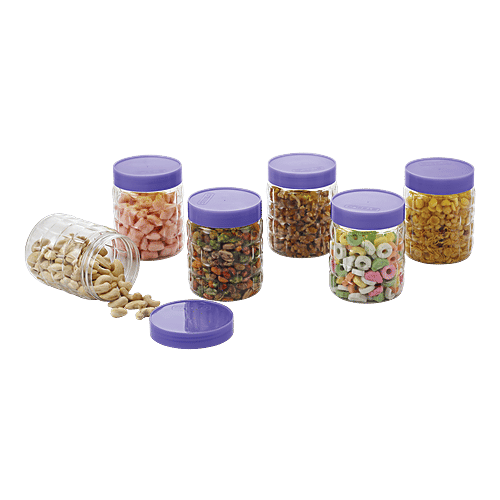 Steelo Pet Solitaire Storage Container Set with Purple Lid - Transparent, Plastic, Plain, Round, 12 pcs (600 ml & 300 ml) 100% Food Grade