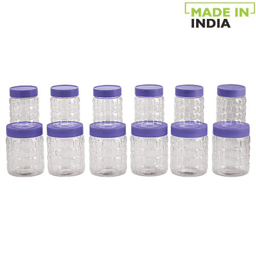 Steelo Pet Solitaire Storage Container Set with Purple Lid - Transparent, Plastic, Plain, Round, 12 pcs (600 ml & 300 ml) 100% Food Grade