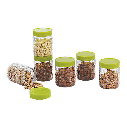 Steelo Pet Solitaire Storage Container Set with Green Lid - Transparent, Plastic, Plain, Round, 12 pcs (600 ml & 300 ml) 100% Food Grade