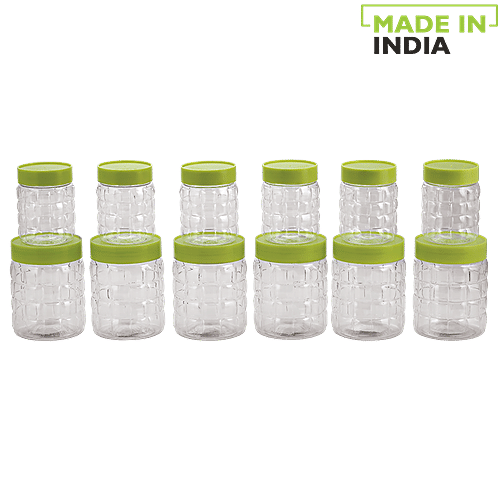 Steelo Pet Solitaire Storage Container Set with Green Lid - Transparent, Plastic, Plain, Round, 12 pcs (600 ml & 300 ml) 100% Food Grade