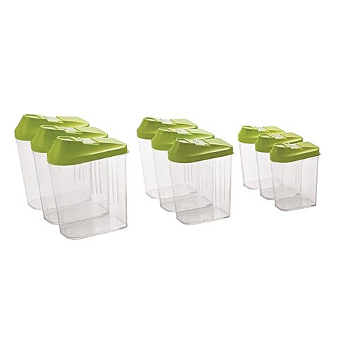 Steelo Skippar Storage Container Green Lid - Transparent, Plastic, Plain, Rectangular, 9 pcs 100% Food Grade