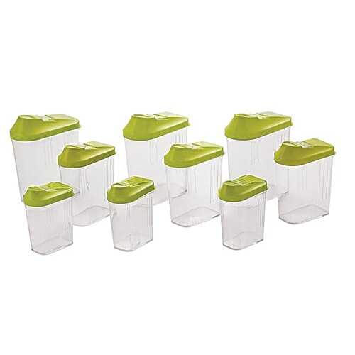 Steelo Skippar Storage Container Green Lid - Transparent, Plastic, Plain, Rectangular, 9 pcs 100% Food Grade