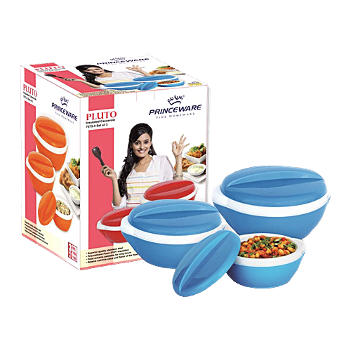 Princeware Pluto Casserole For Roti/Chapati With Plastic Lid - Blue Colour, 3 pcs (600 ml + 1000 ml + 1500 ml) 