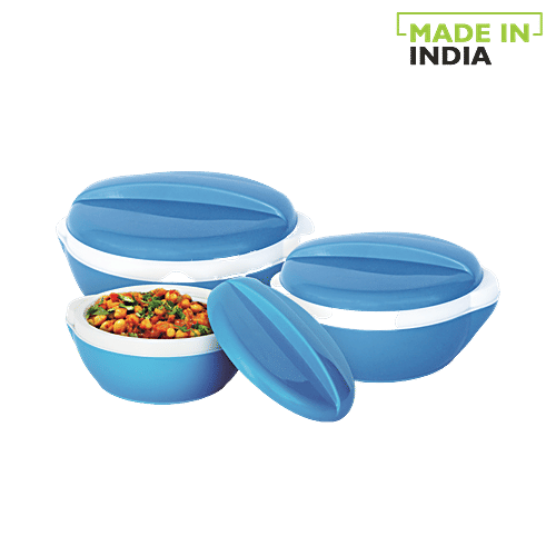 Princeware Pluto Casserole For Roti/Chapati With Plastic Lid - Blue Colour, 3 pcs (600 ml + 1000 ml + 1500 ml) 
