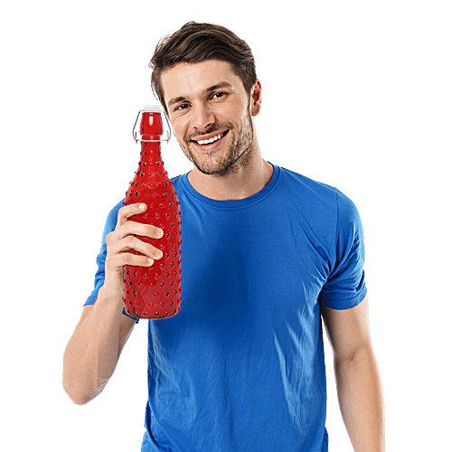 bb home Glass Water Bottle With Round Base - Red, B1367, 1 L For Homebrews