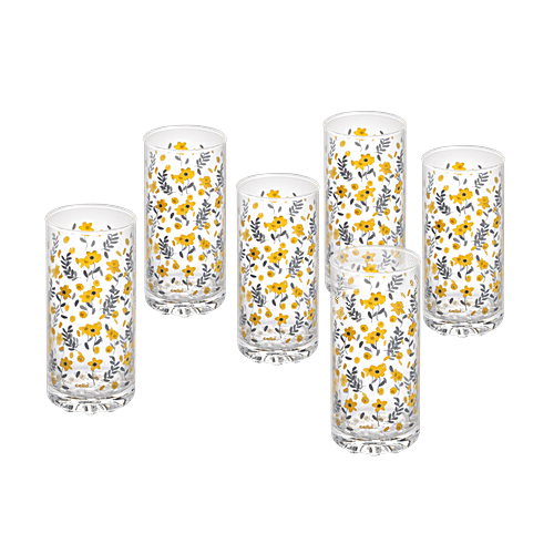 Cello Dziner Empire Yellow Flower Juice Water Glass, 320 ml Pack of 6 Scratch Resistant