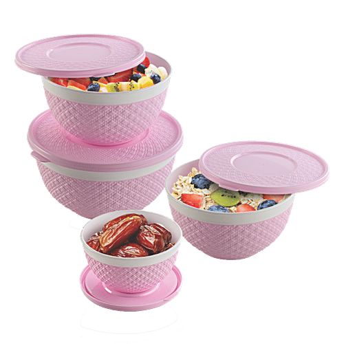 Joyo Décor Storage Container with Lid - Assorted Colour, Plastic, Plain, Round, 4 pcs (150ml + 300ml + 400ml + 650ml) 