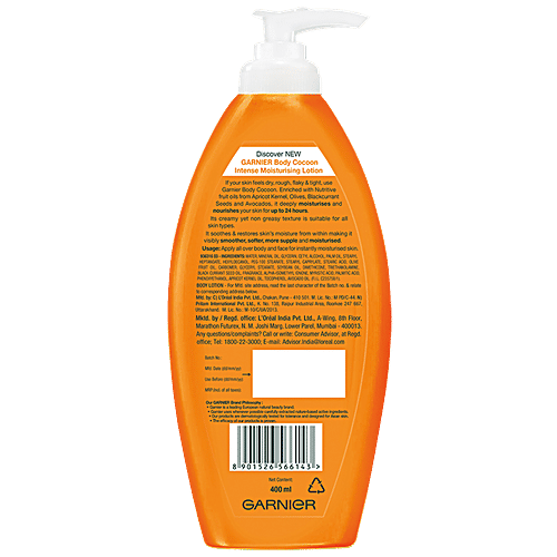 Garnier Body Cocoon Intense Moisturising Lotion - Smoother, Softer & Supple Skin, Apricot Kernel Oil + Nutritive Fruit Oils, 24 Hour Nourishment, 400 ml  24 Hour Nourishment