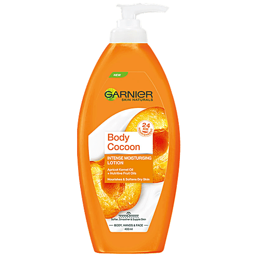 Garnier Body Cocoon Intense Moisturising Lotion - Smoother, Softer & Supple Skin, Apricot Kernel Oil + Nutritive Fruit Oils, 24 Hour Nourishment, 400 ml  24 Hour Nourishment