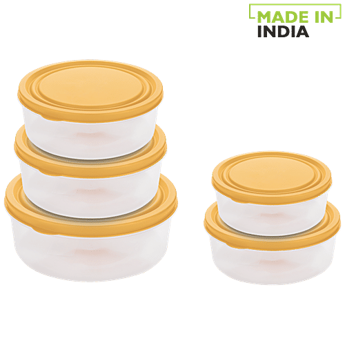 Asian Diana Airseal Container with Yellow Lid - Transparent, Plastic, Plain, Round, 5 pcs  Microwave Safe