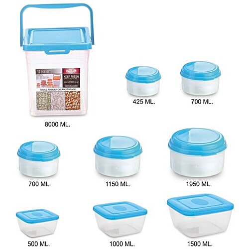 Asian Multipurpose Airtight Transparent Plastic Container Combo - Keep Fresh, Blue, 14 pcs Box BPA Free