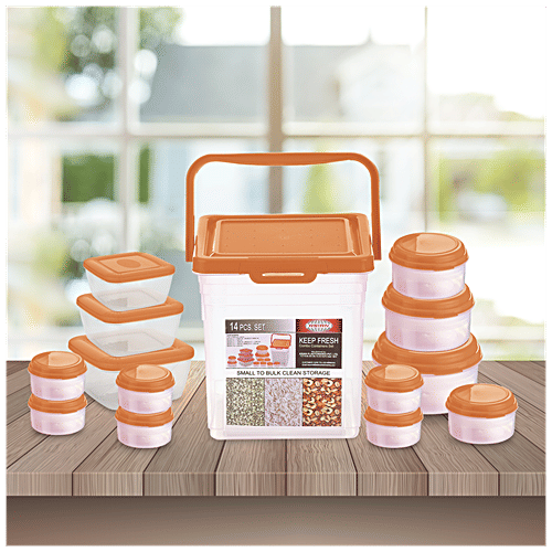 Asian Keep Fresh Multipurpose Airtight Container with Orange Lid - Transparent, Plastic, Plain, Square & Round, 14 pcs Box BPA Free