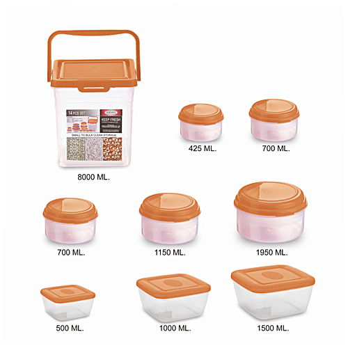 Asian Keep Fresh Multipurpose Airtight Container with Orange Lid - Transparent, Plastic, Plain, Square & Round, 14 pcs Box BPA Free
