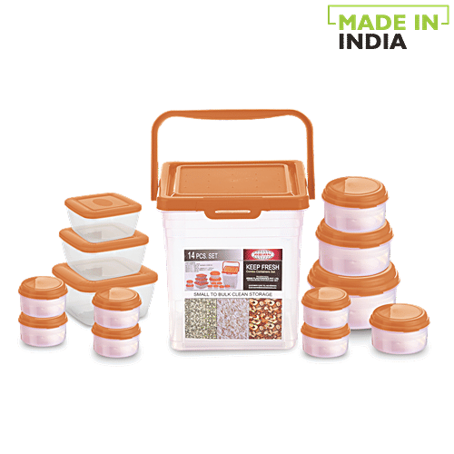 Asian Keep Fresh Multipurpose Airtight Container with Orange Lid - Transparent, Plastic, Plain, Square & Round, 14 pcs Box BPA Free