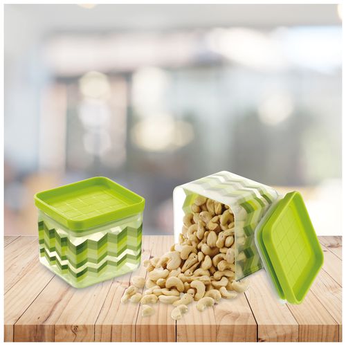 Asian Kitchen King Storage Container Set - Green, Plastic, Printed, Square, 700 ml (Set of 2) Dishwasher Safe