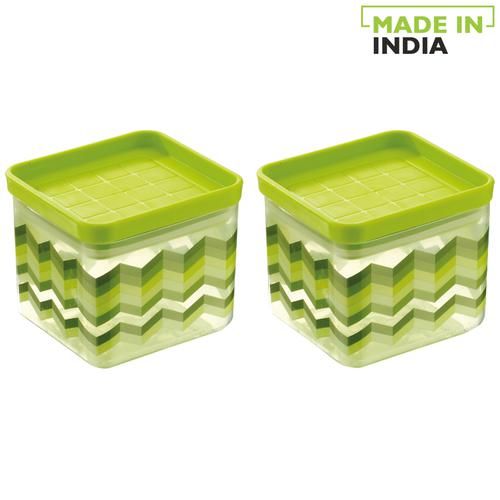 Asian Kitchen King Storage Container Set - Green, Plastic, Printed, Square, 700 ml (Set of 2) Dishwasher Safe