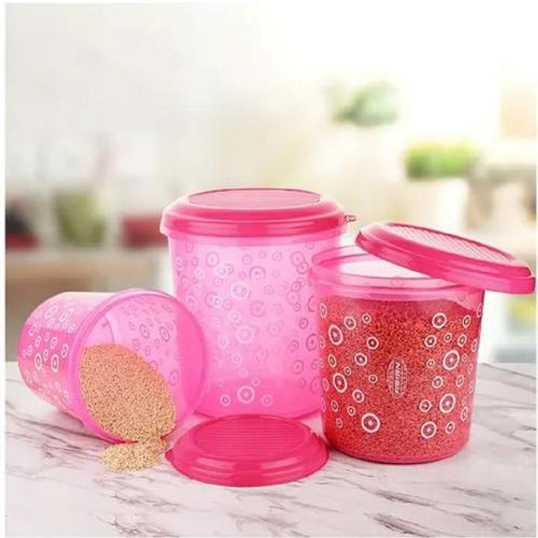 Asian Airtight Container Set - Pink, Plastic, Printed, Round, 3 pcs 