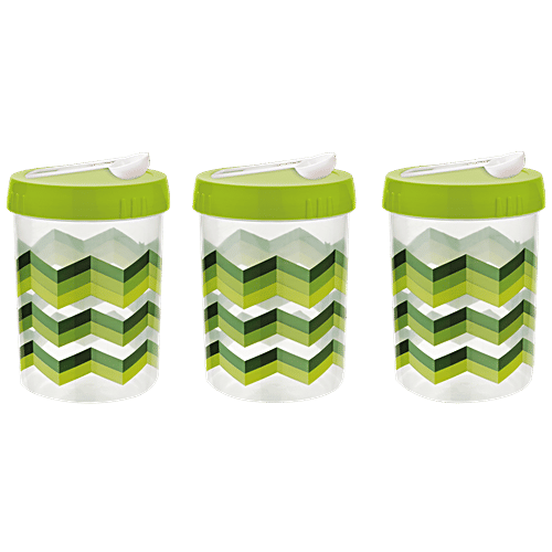Asian Airtight Plastic Turn & Lock Jar With Spoon - Printed, Assorted Colour, 1.2 L (Set of 3)