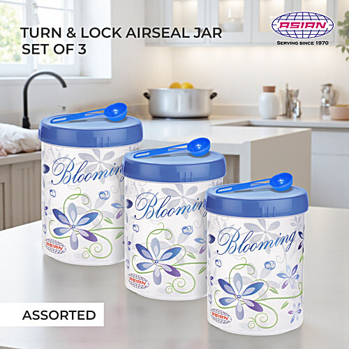Asian Airtight Turn & Lock Jar with Spoon - Assorted Colour, Plastic, Printed, Cylindrical, 1.8 L (Set of 3) Freezer Safe