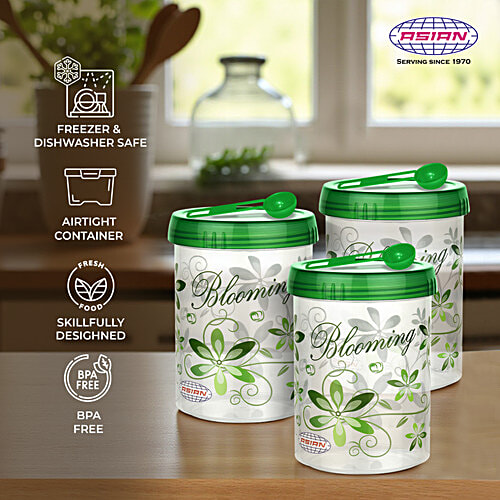 Asian Airtight Turn & Lock Jar with Spoon - Assorted Colour, Plastic, Printed, Cylindrical, 1.8 L (Set of 3) Freezer Safe