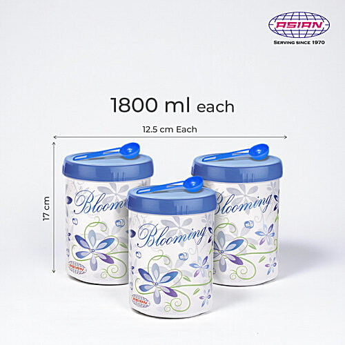 Asian Airtight Turn & Lock Jar with Spoon - Assorted Colour, Plastic, Printed, Cylindrical, 1.8 L (Set of 3) Freezer Safe