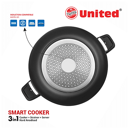 United 3-In-1 Aluminium Pressure Cooker - Smart, Induction Base, Hard Anodised, Black, 5 L  