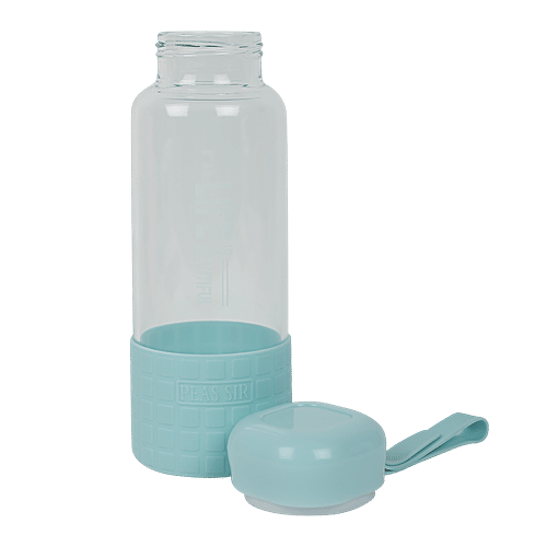 DP Printed Glass Water Bottle With Silicon Cover At Bottom - Blue, BB1303, 450 ml  