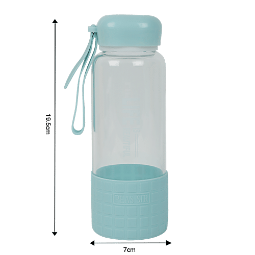DP Printed Glass Water Bottle With Silicon Cover At Bottom - Blue, BB1303, 450 ml  