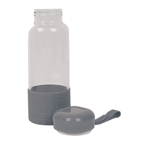 DP Printed Glass Water Bottle With Silicon Cover At Bottom - Grey, BB1303, 450 ml  